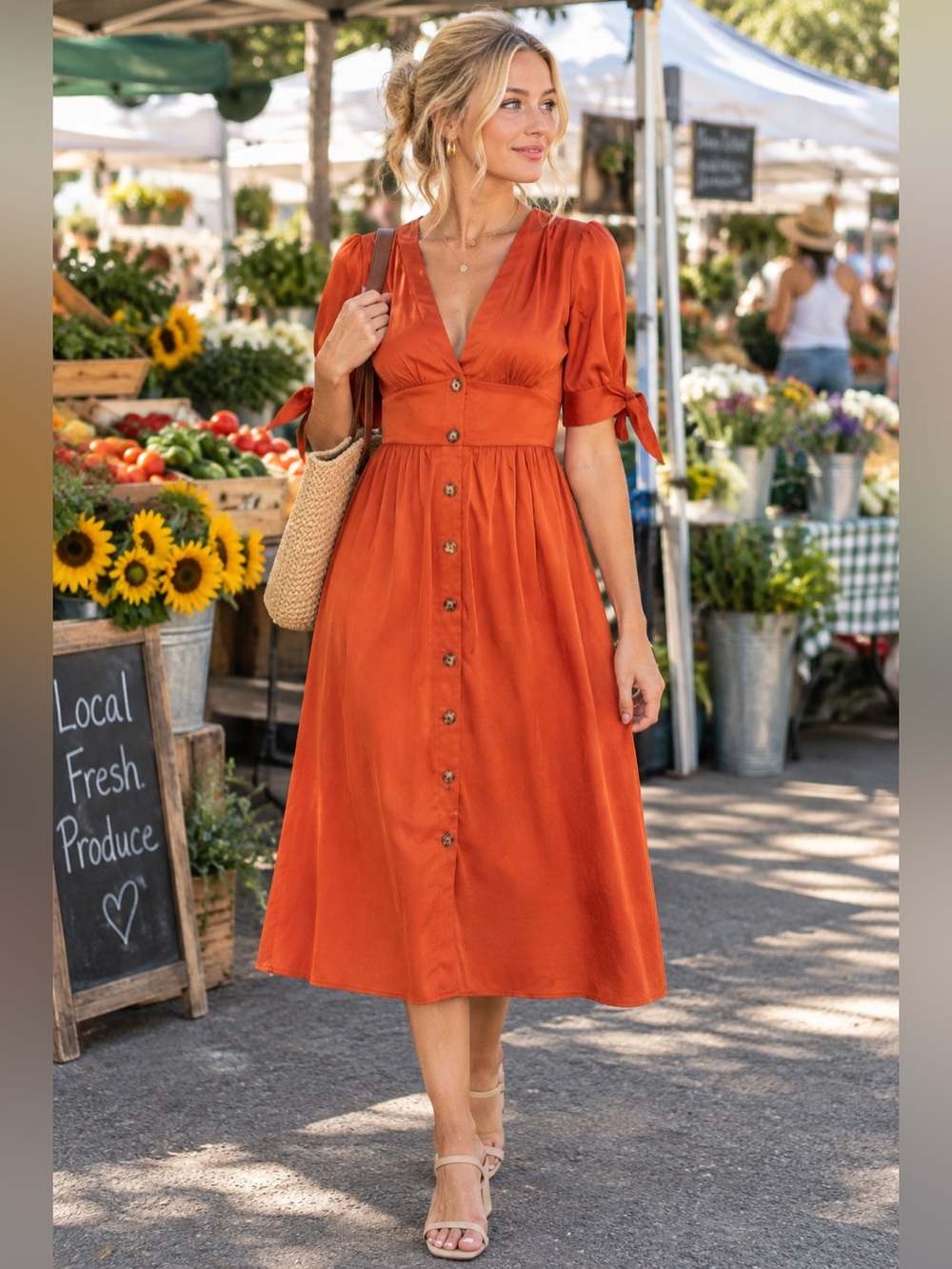 Button-Front Midi Dress in Burnt Orange with Tie Sleeves